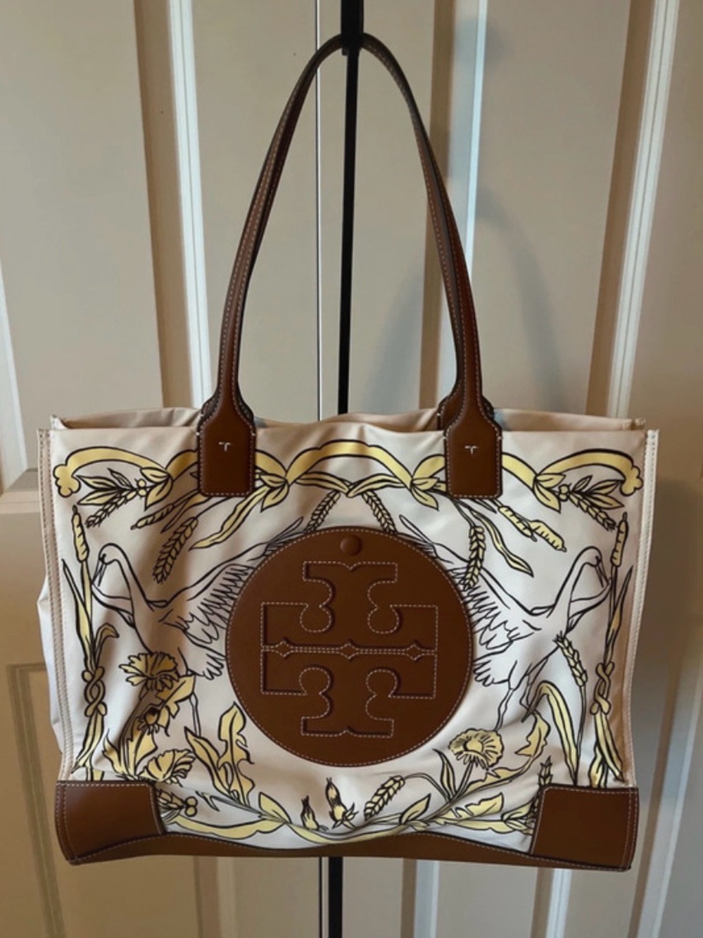 Tory Burch Cream and Brown Logo Floral Ella Tote